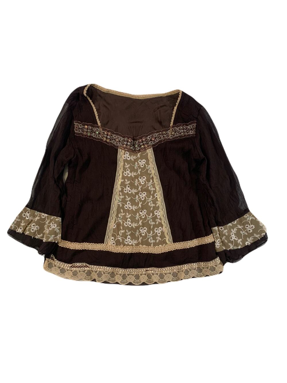 Y2K Brown Square Neck Floral Lace Boho Renaissance Fantasy Beaded Peasant Blouse
